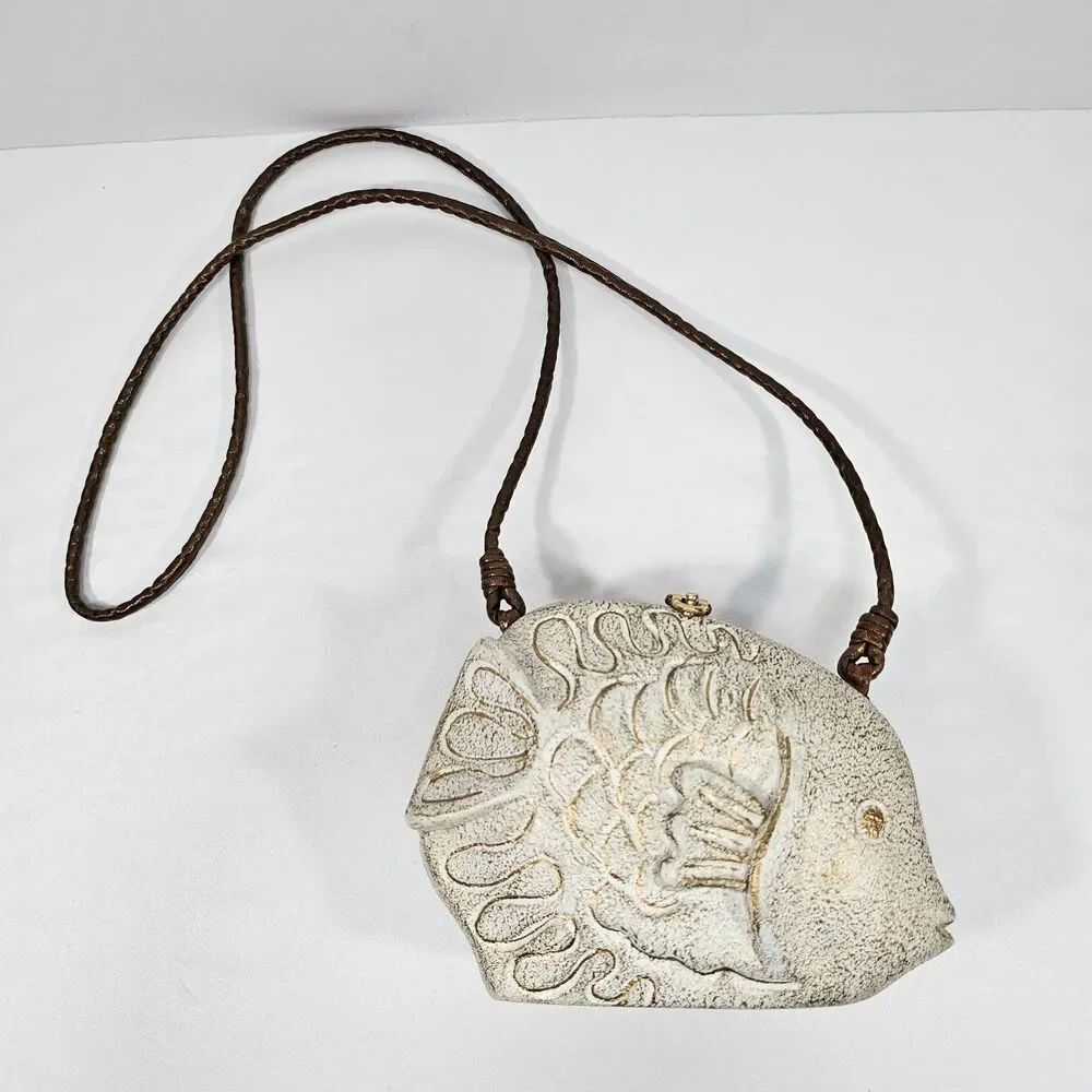 Timmy Woods Beverly Hills Vintage Carved Wood Fish Crossbody Bag Fisherman Rare
